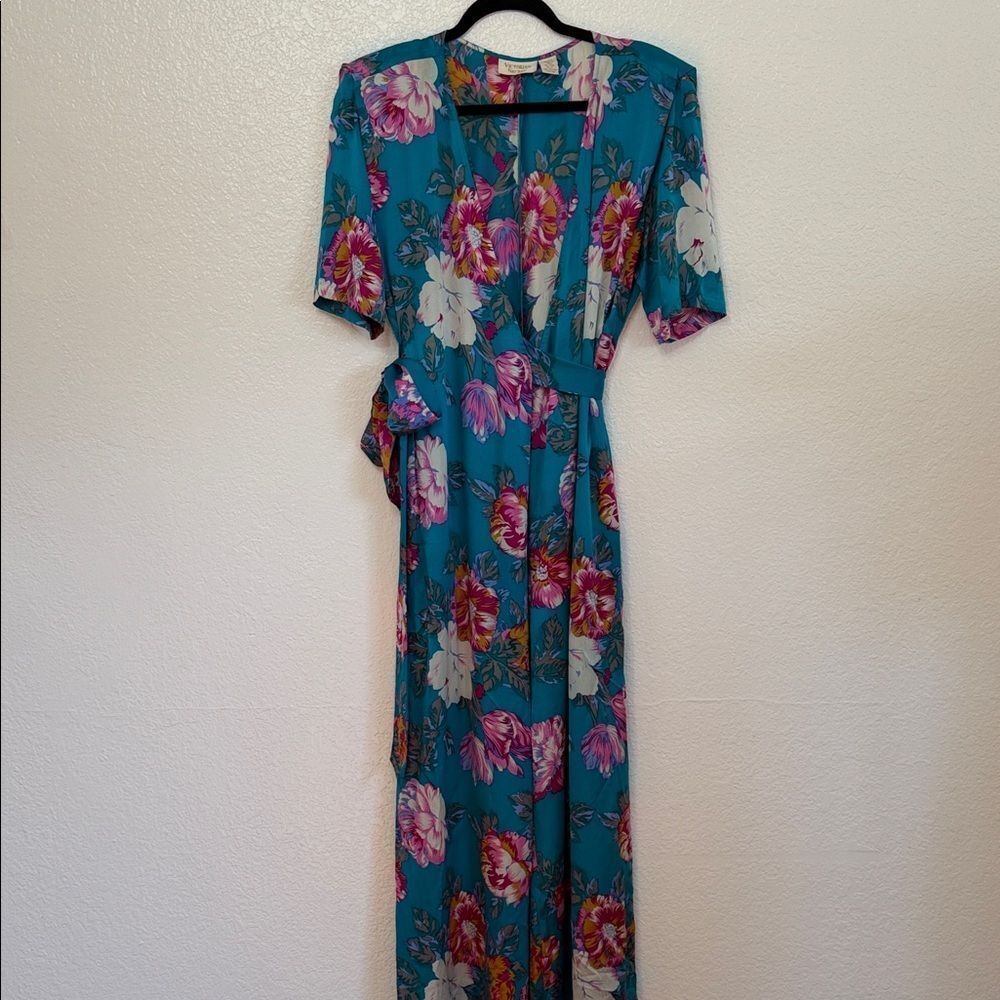 Vintage Y2K gold label Floral cottagecore Teal Wrap silk jumpsuit wrap